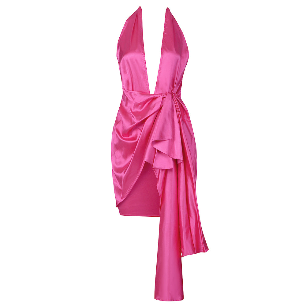 Rose Red Sexy Hollow Out Sleevee Ruffle Fashion Clothing Evening Party Dresses
